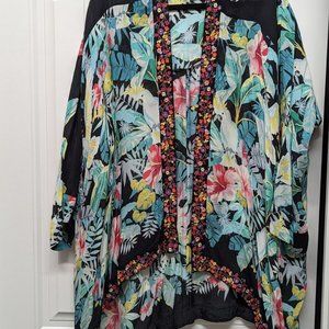 JOHNNY WAS Floral Embroidered Boho Open Front Kimono Jacket  LARGE